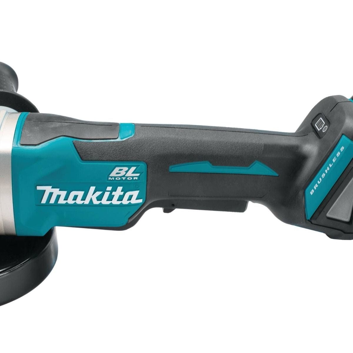 A close-up of the grinder's body, showing the teal "Makita" and "BL MOTOR" logos, and the "BRUSHLESS" label near the battery slot.