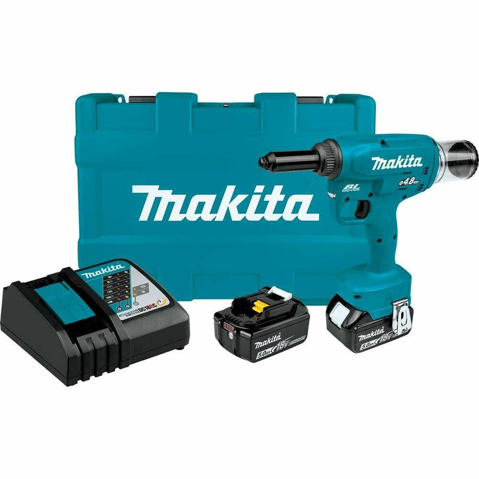 Makita 18V LXT Brushless Cordless Rivet Tool Kit with high-torque rivet gun, LED light, rapid charger, and 5.0Ah battery
