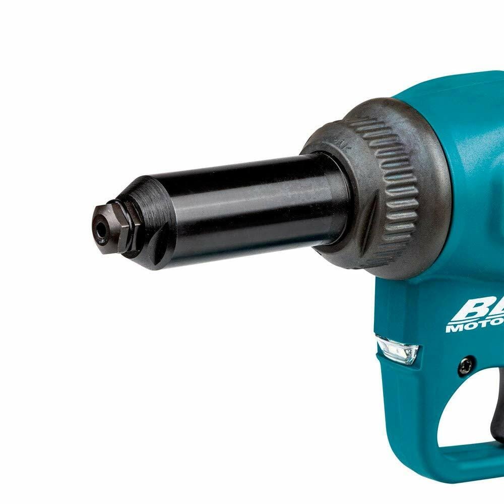 Makita 18V LXT Brushless Cordless Rivet Tool Kit high-torque rivet gun with LED light and ergonomic grip close-up