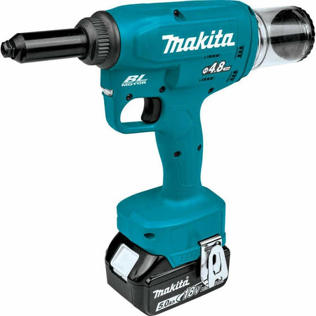 Makita 18V LXT Brushless Cordless Rivet Tool with LED light, ergonomic grip, rapid charger, and 5.0Ah battery kit