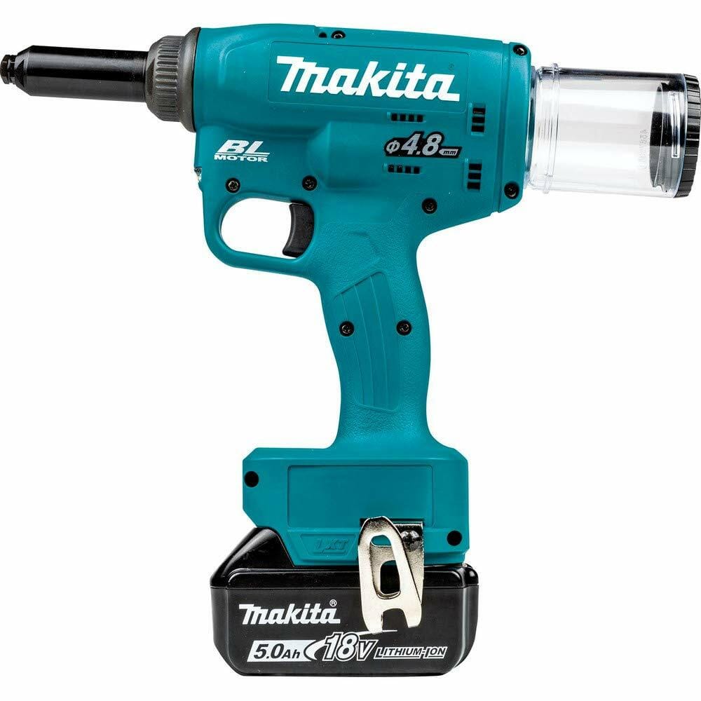 Makita 18V LXT Brushless Cordless Rivet Tool with 5.0Ah battery, LED light, ergonomic grip, and high torque