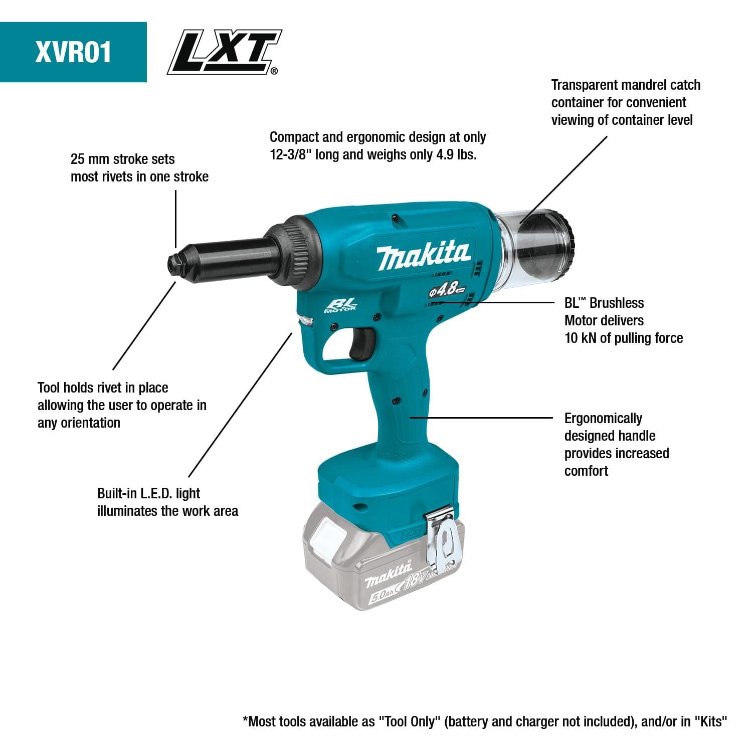 Makita 18V LXT Brushless Cordless Rivet Tool Kit with LED light, ergonomic grip, high torque, and mandrel catch container