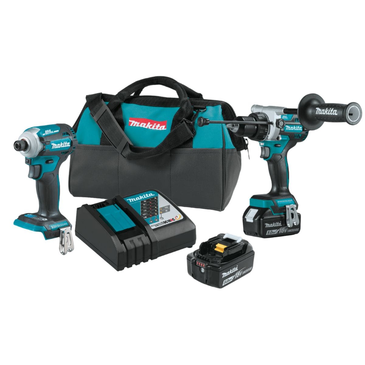 Image of Makita 18V LXT® Brushless Hammerdrill & Impact Driver Combo Kit. The image shows a Makita XT288T cordless power tool combo kit. It includes a teal and black impact driver, a teal and black hammer drill with an auxiliary handle, two black batteries with teal accents, a black charger with teal details, and a black and teal carrying bag with the white "Makita" logo.