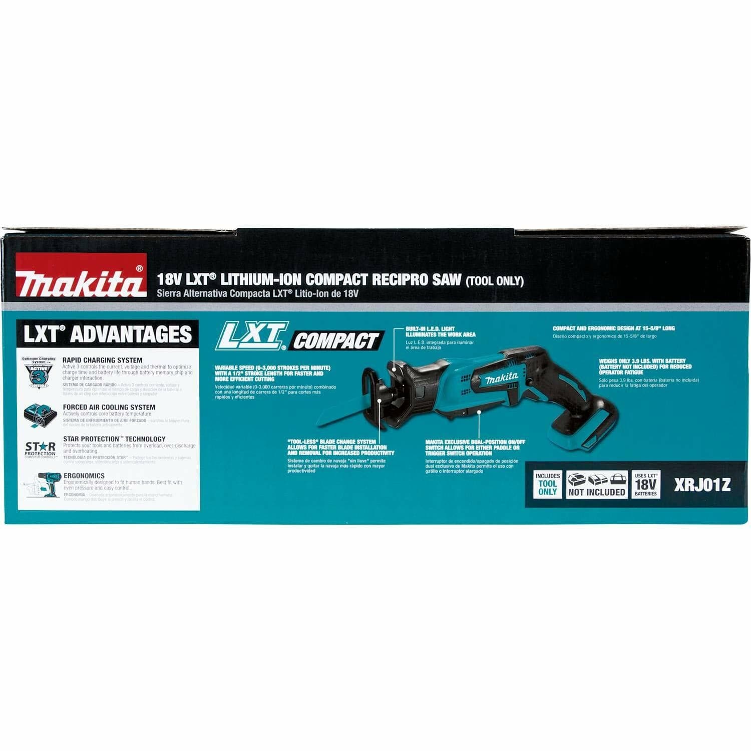 The back of the Makita retail box, displaying diagrams of the XRJ01Z saw's main features and the LXT battery system advantages.