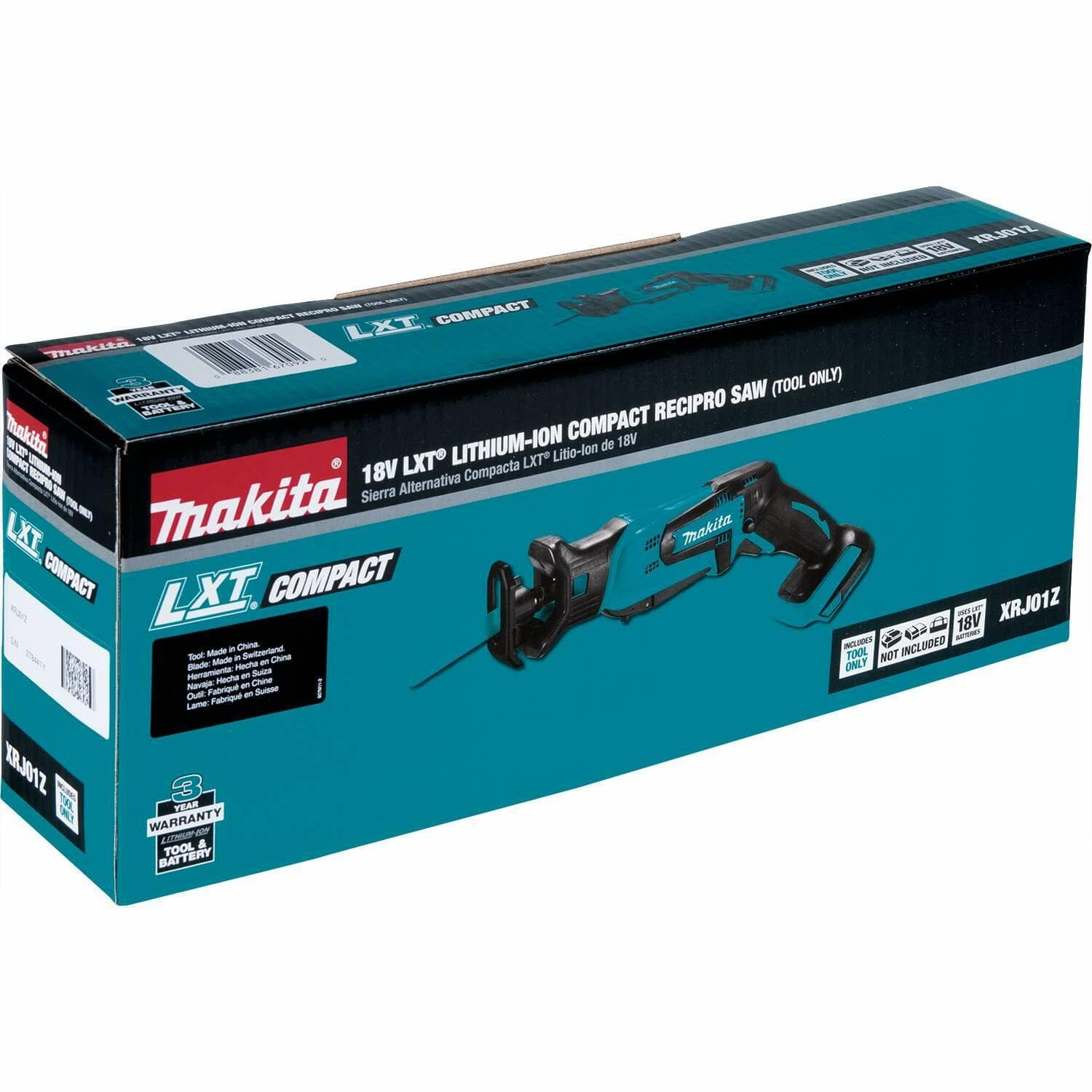 A three-quarter angle view of the Makita XRJ01Z retail box, highlighting the LXT Compact logo and 3-year warranty.