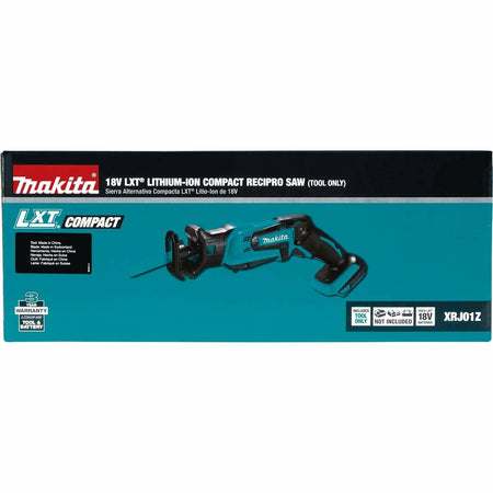 The front of the Makita retail box for the XRJ01Z 18V LXT Compact Recipro Saw, showing an image of the bare tool.