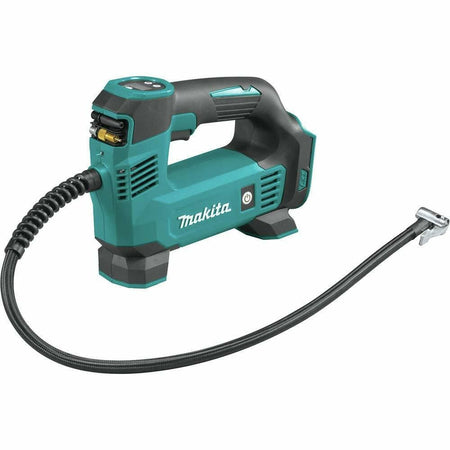 Makita DMP180 cordless inflator on wooden surface with digital gauge and locking air chuck; teal and black design with battery pack attached.