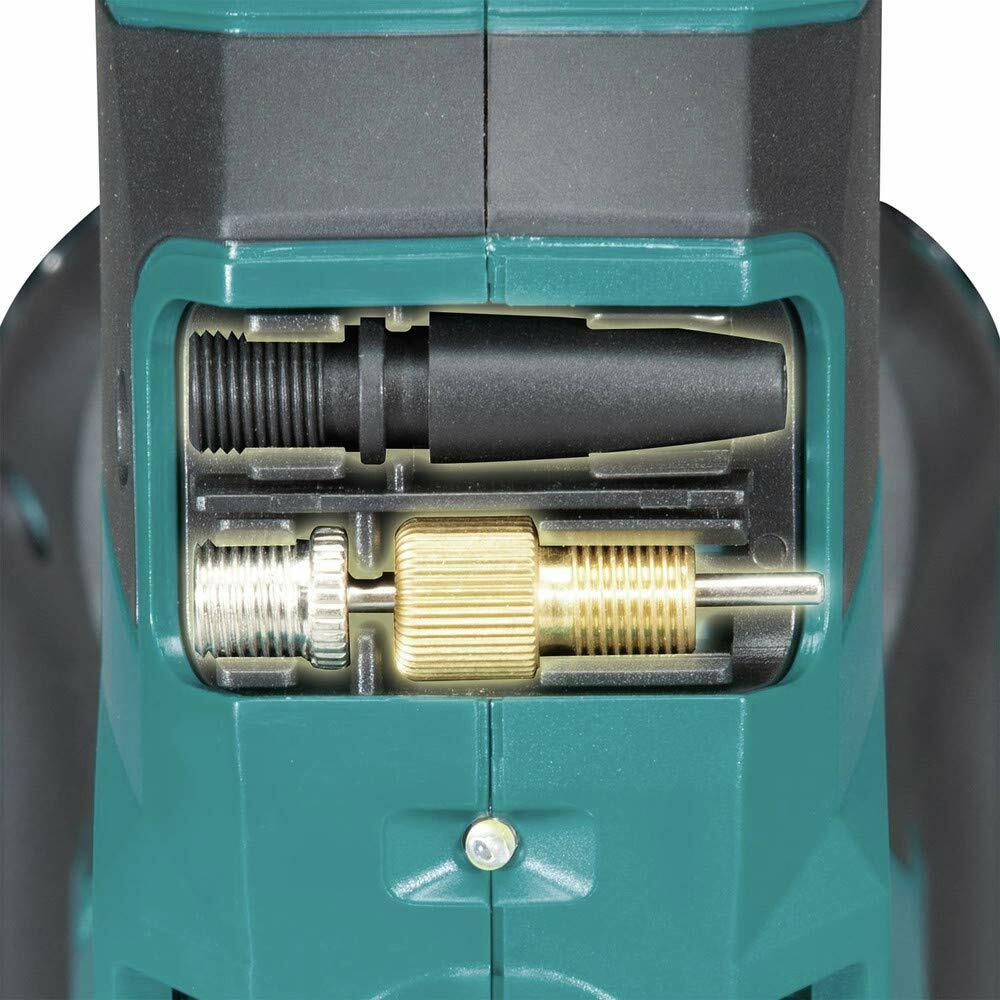 Internal view of Makita tool showing brass gear, metal rod, and plastic fittings housed in green casing; highlights mechanical components.