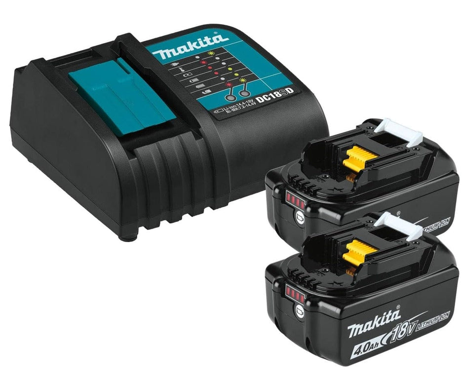 The Makita 18V LXT starter pack, including two 4.0Ah batteries and one DC18SD standard charger.