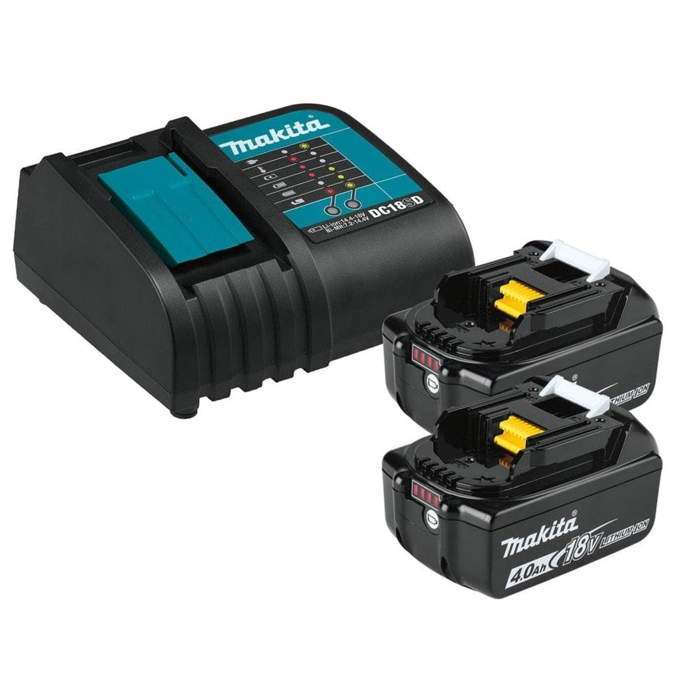 The Makita 18V LXT starter pack, including two 4.0Ah batteries and one DC18SD standard charger.
