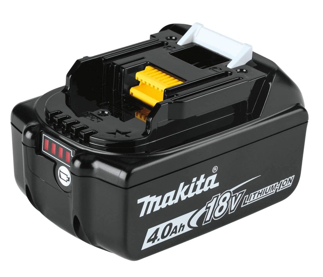 A three-quarter profile view of a single Makita 18V LXT 4.0Ah battery, model BL1840B.