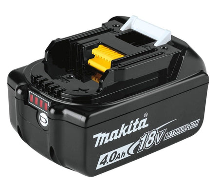 A three-quarter profile view of a single Makita 18V LXT 4.0Ah battery, model BL1840B.