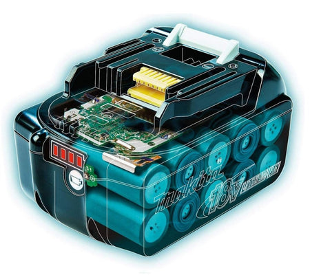 A transparent cutaway illustration of a Makita 18V battery, revealing the internal lithium-ion cells and circuit board.