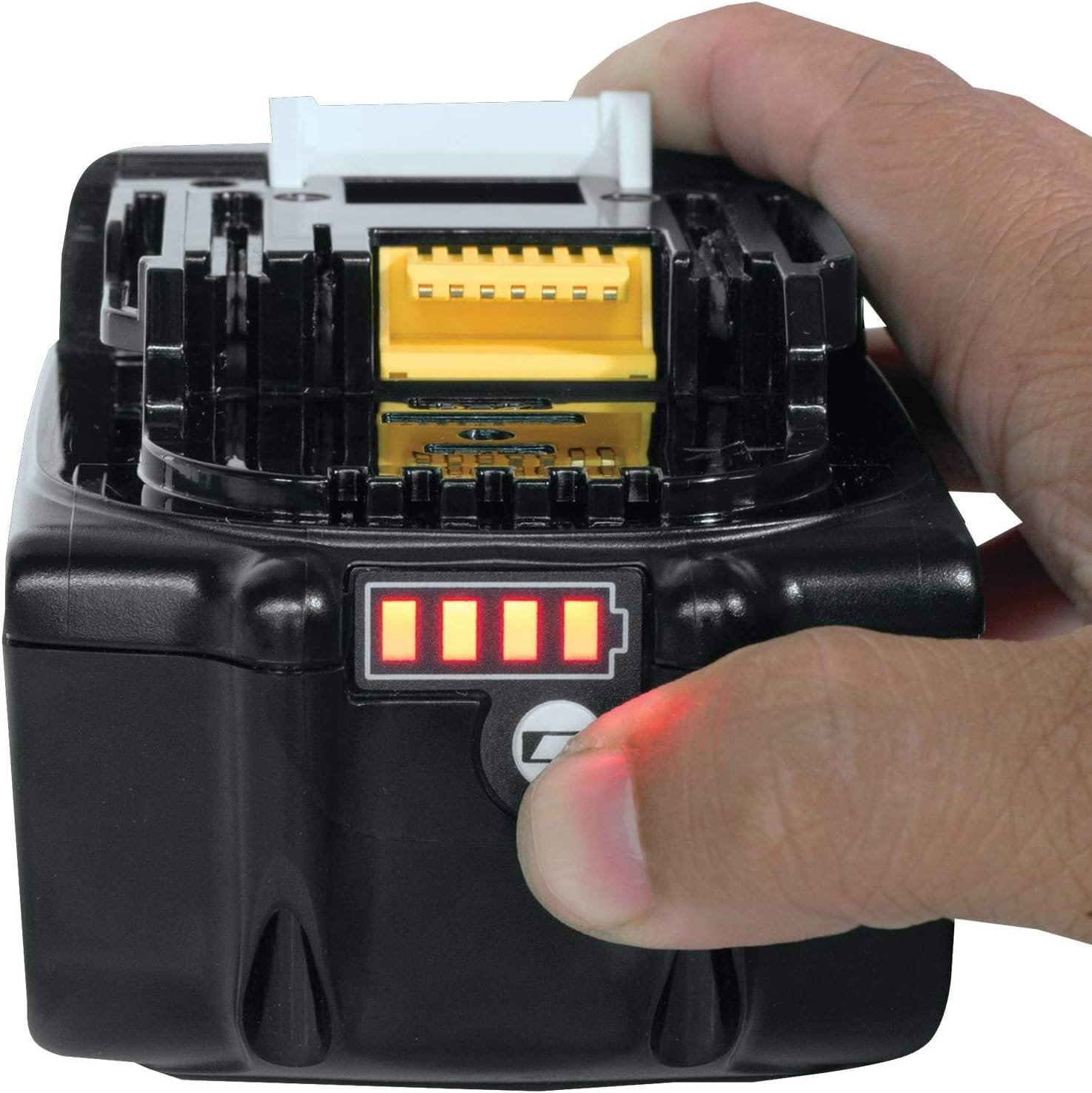 A thumb presses the charge indicator button on a Makita 18V battery, showing a full 4-bar red LED display.