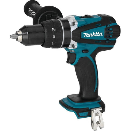 Makita 18V LXT cordless half inch driver drill XFD03Z shown with teal and black housing metal chuck side handle torque adjustment ring and ergonomic grip for high torque drilling performance.