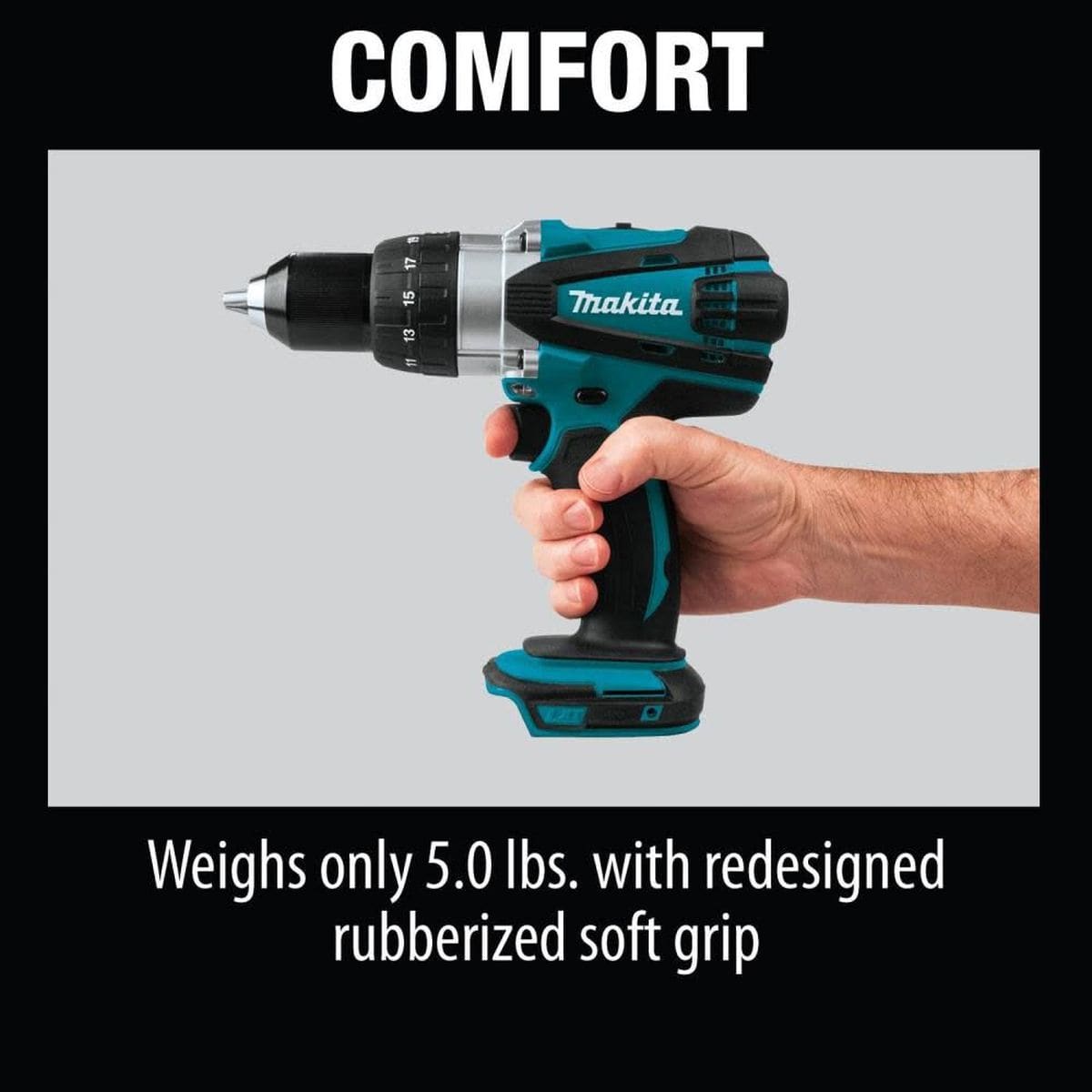 Hand holding Makita 18V LXT cordless driver drill XFD03Z highlighting lightweight 5 pound design rubberized soft grip and ergonomic comfort for extended drilling and fastening tasks.