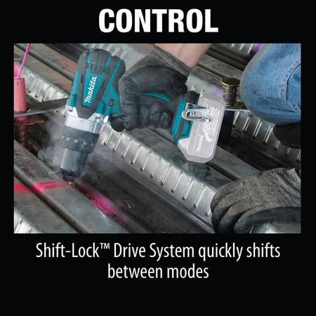 Close up of Makita 18V LXT driver drill XFD03Z showing user pressing two speed selector switch with visible torque adjustment ring for precise drilling and fastening control.