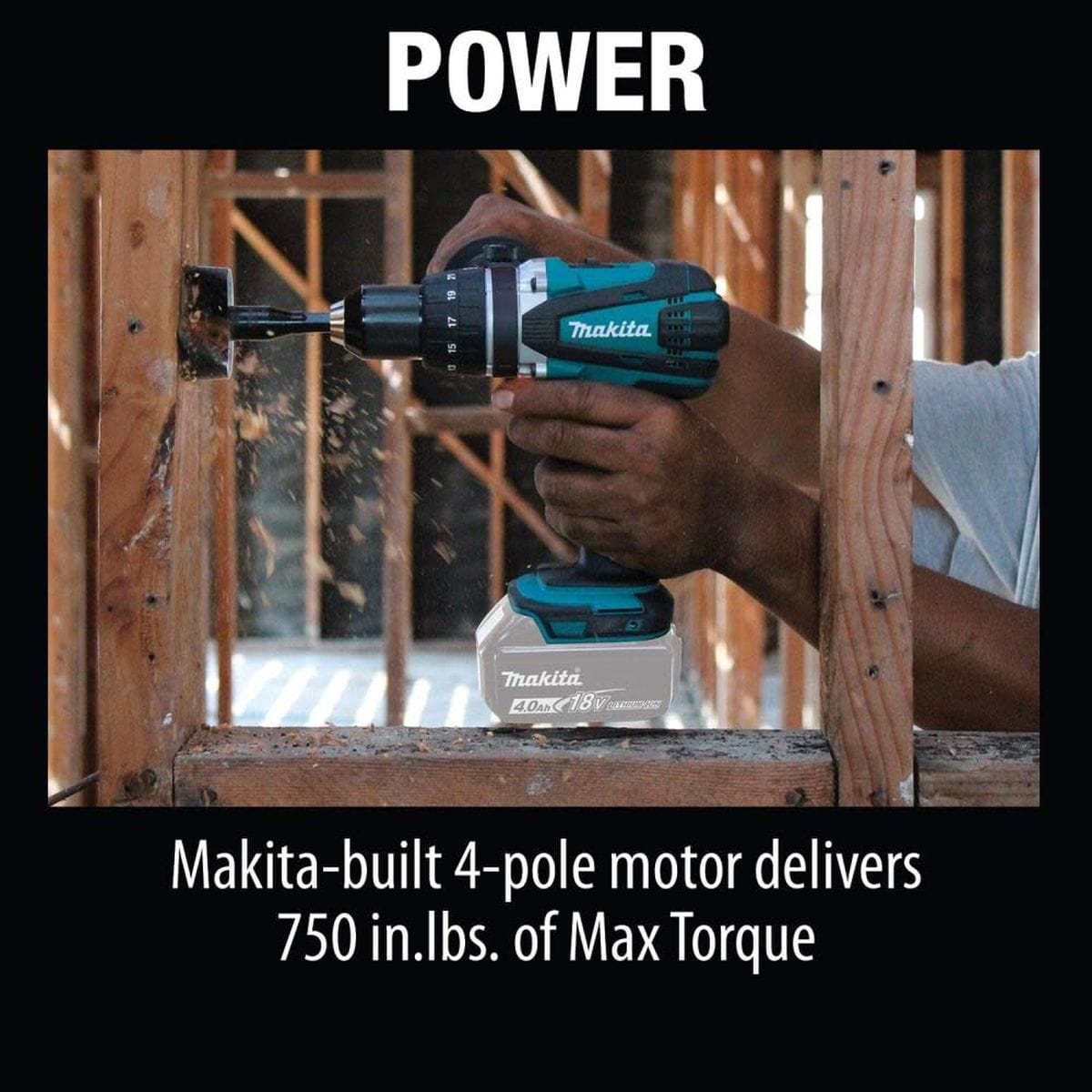 Person using a Makita drill with text highlighting power and torque.