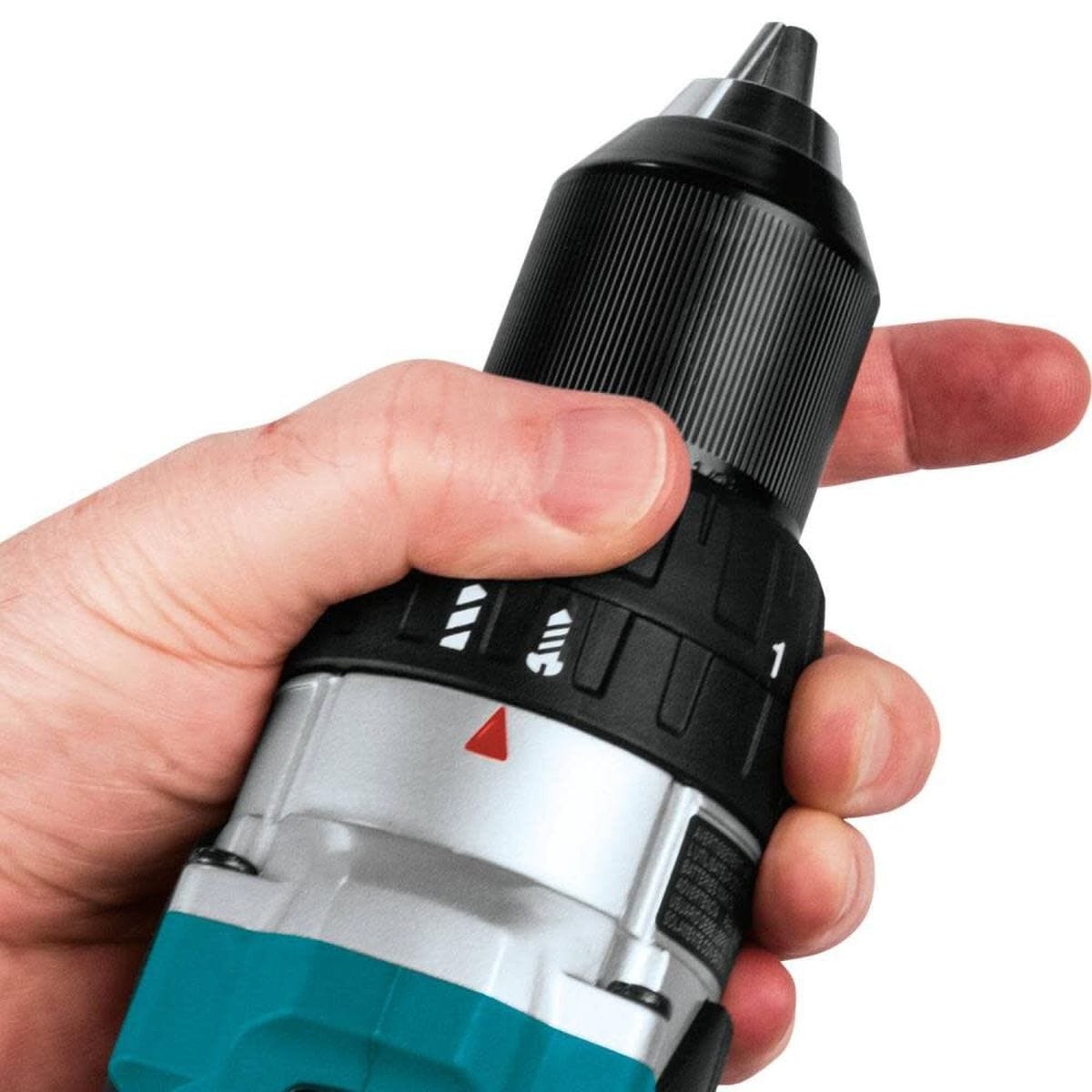 Hand holding a cordless drill with a white background
