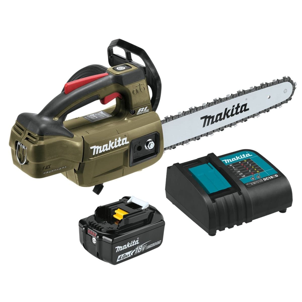 Makita Outdoor Adventure ADCU10SM1 18V LXT 12 inch top handle chain saw kit featuring the cordless saw in olive drab, a 4.0Ah battery, and a standard DC18SD charger.