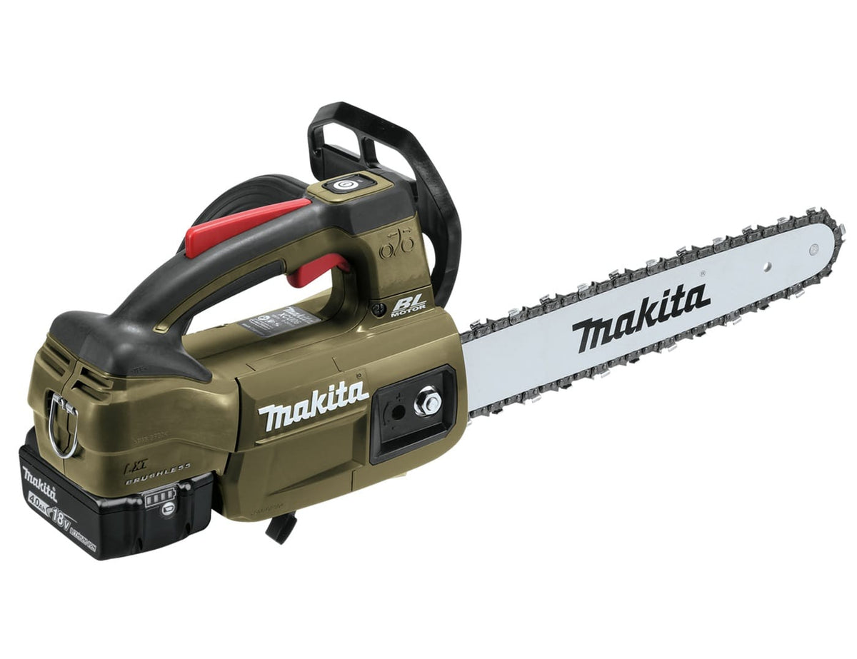 Profile view of the Makita Outdoor Adventure cordless top handle chain saw highlighting the compact direct-drive brushless motor, 12 inch guide bar, and 18V LXT battery port.