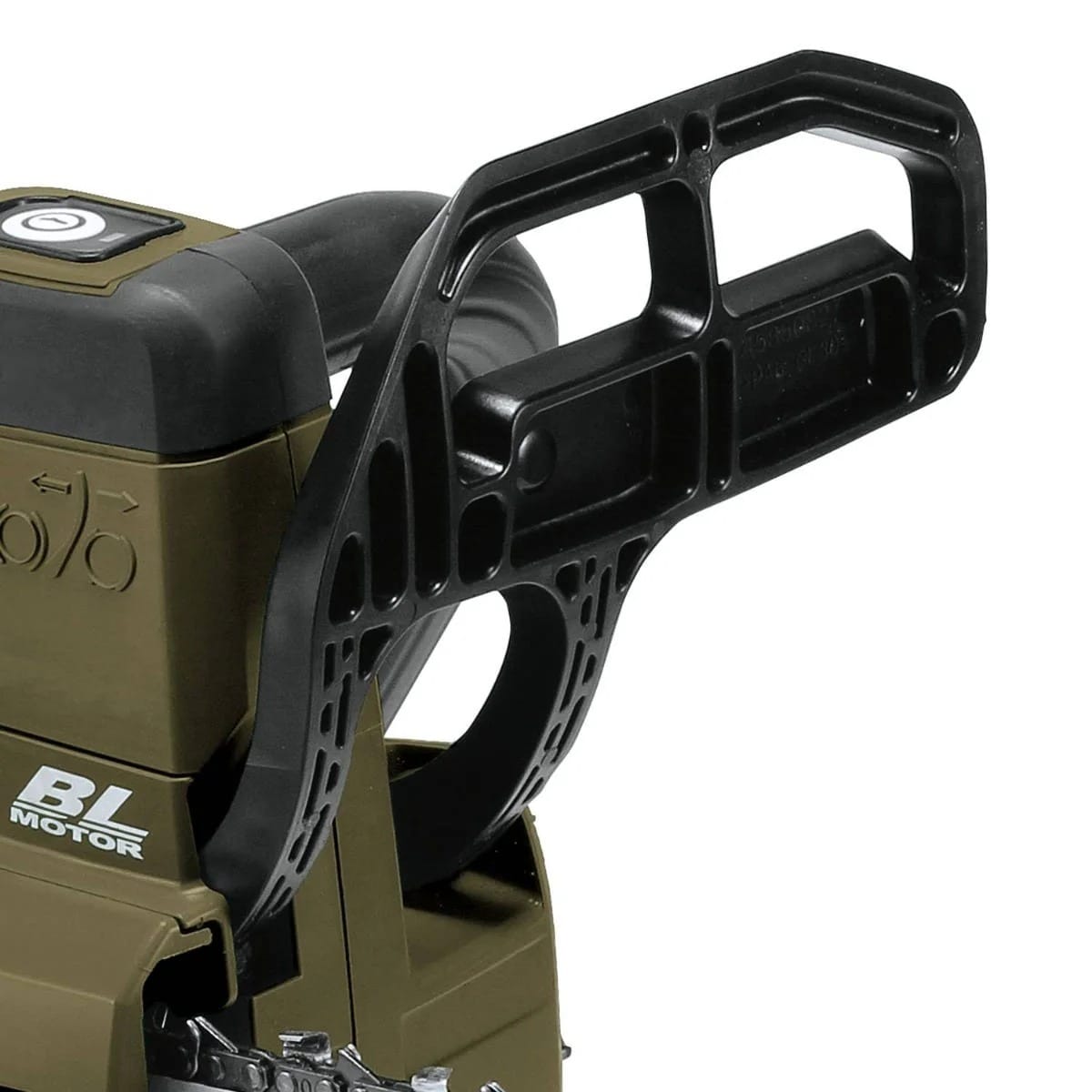 Close-up of the integrated hand guard and front handle on the Makita 18V top handle chain saw, designed for operator protection and ergonomic control during trail clearing.