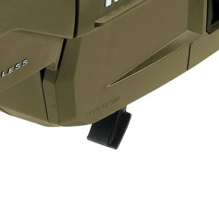 Close-up of the rugged bottom housing of the Makita ADCU10 chain saw, showing the high-quality glass-fiber reinforced plastic construction and durable bumper spike.