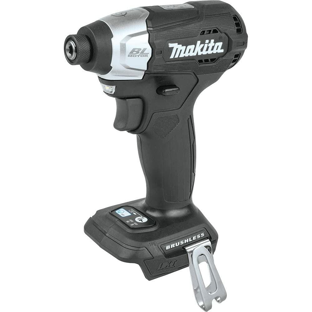 A studio shot of the black and silver Makita 18V LXT Sub-Compact Brushless Cordless Impact Driver XDT18ZB against a white background.