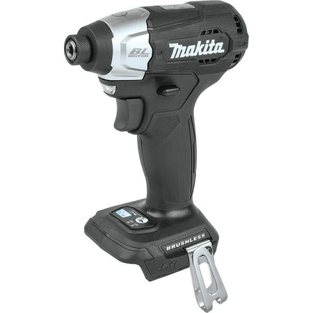A studio shot of the black and silver Makita 18V LXT Sub-Compact Brushless Cordless Impact Driver XDT18ZB against a white background.