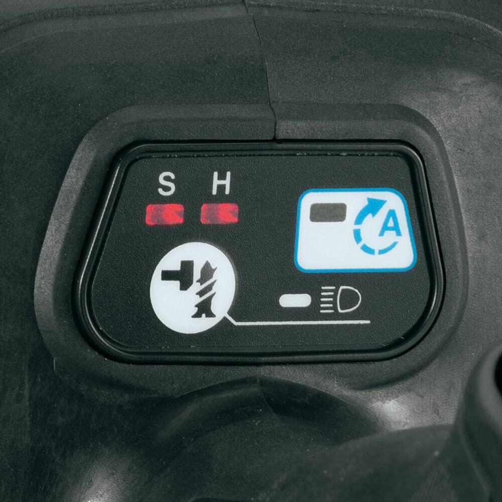 Close-up of the Makita impact driver's electronic control panel showing speed, assist mode, and light settings.