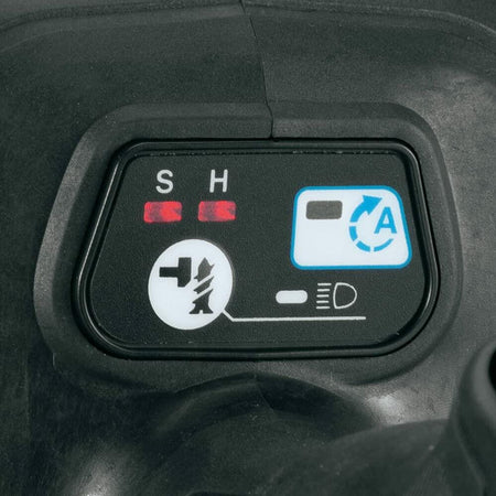 Close-up of the Makita impact driver's electronic control panel showing speed, assist mode, and light settings.