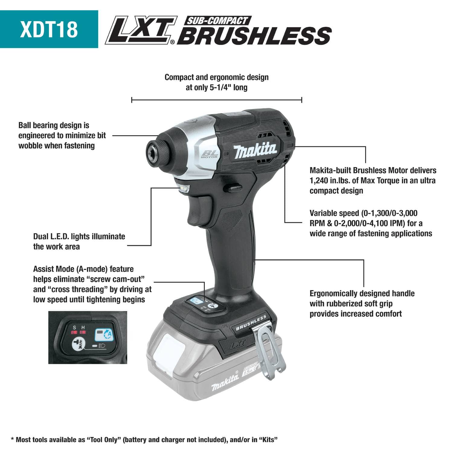 Feature diagram of the Makita XDT18ZB impact driver with callouts detailing its brushless motor, variable speed, A-mode, and ergonomic design.
