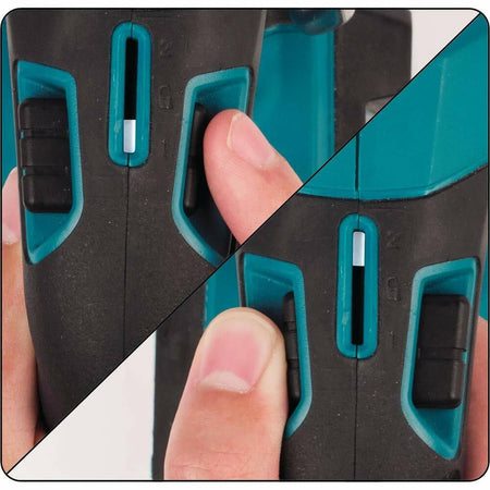 Close-up view of the Makita reciprocating saw's two-speed selector switch, showing a finger changing the setting.