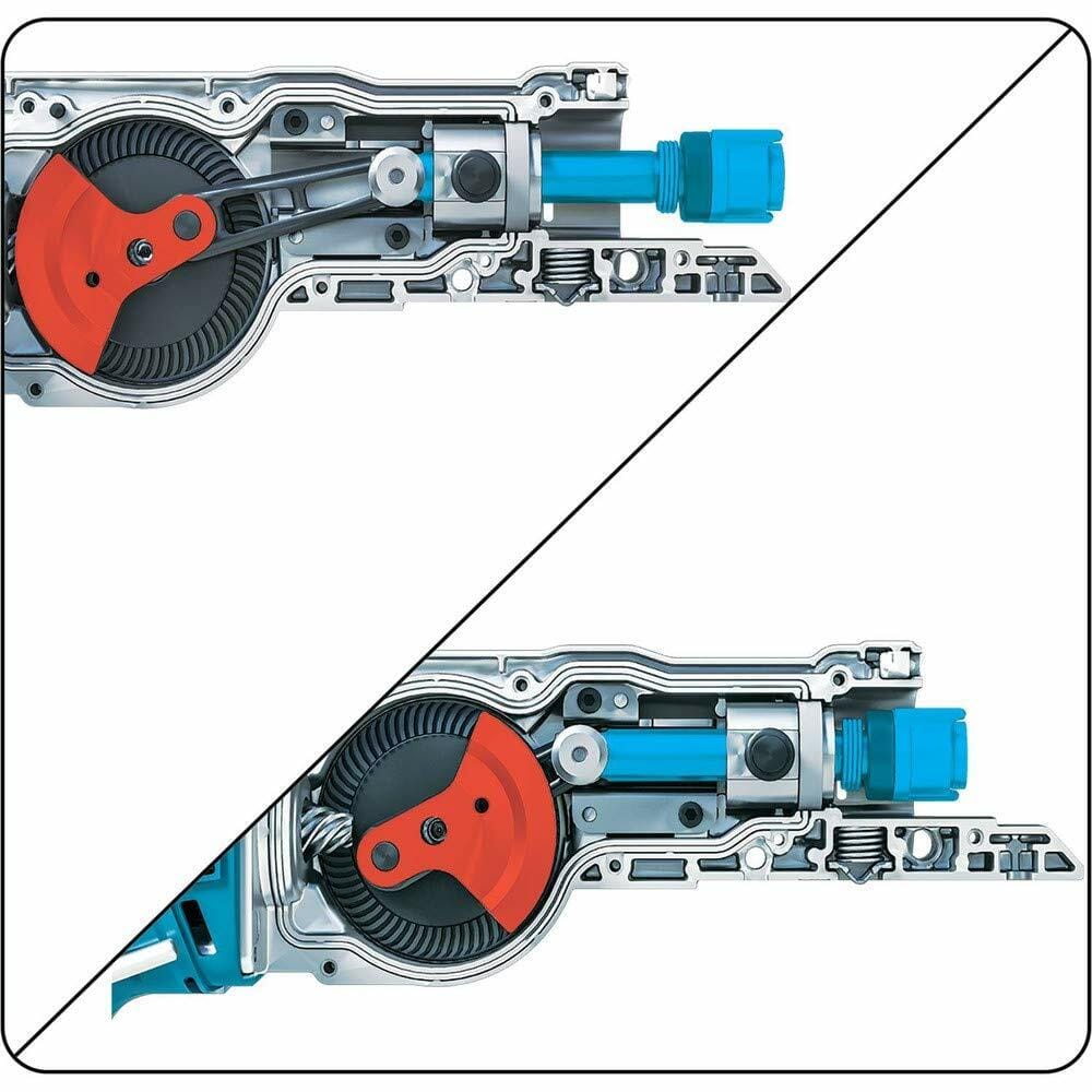 A diagram showing the internal refined crank mechanism of the Makita XRJ06Z reciprocating saw to illustrate reduced vibration.