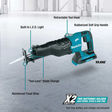 Feature diagram of the Makita XRJ06Z reciprocating saw with callouts highlighting the tool-less blade change, LED light, and retractable tool hook.