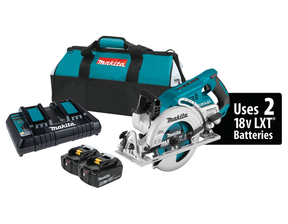 The Makita XSR01PT 18V X2 LXT Lithium-Ion 36V brushless cordless rear handle 7-1/4 inch circular saw kit featuring the saw, two 5.0Ah batteries, a dual port rapid charger, and a teal contractor tool bag.