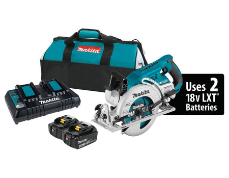 The Makita XSR01PT 18V X2 LXT Lithium-Ion 36V brushless cordless rear handle 7-1/4 inch circular saw kit featuring the saw, two 5.0Ah batteries, a dual port rapid charger, and a teal contractor tool bag.