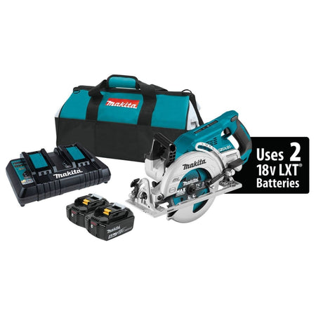 The Makita XSR01PT 18V X2 LXT Lithium-Ion 36V brushless cordless rear handle 7-1/4 inch circular saw kit featuring the saw, two 5.0Ah batteries, a dual port rapid charger, and a teal contractor tool bag.
