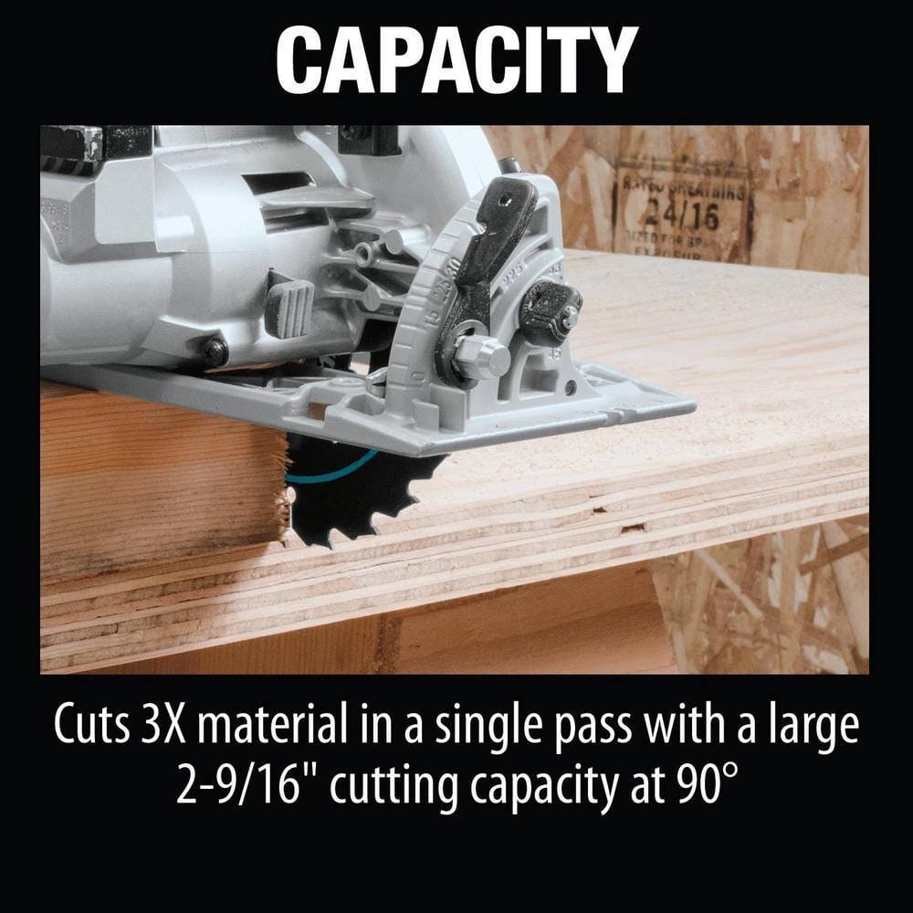 Infographic demonstrating the high cutting capacity of the Makita 36V saw, highlighting its ability to cut through 3X material in a single pass with a 2-9/16 inch depth of cut at 90 degrees.