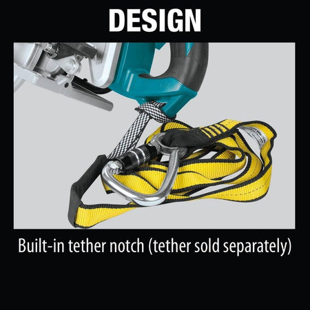 Infographic showing the built-in tether notch on the handle of the Makita 36V circular saw, a critical safety feature for contractors working at heights or on scaffolding.