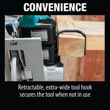 Application shot demonstrating the retractable, extra-wide tool hook on the Makita XSR01 circular saw, allowing the tool to be securely hung on dimensional lumber when not in use.