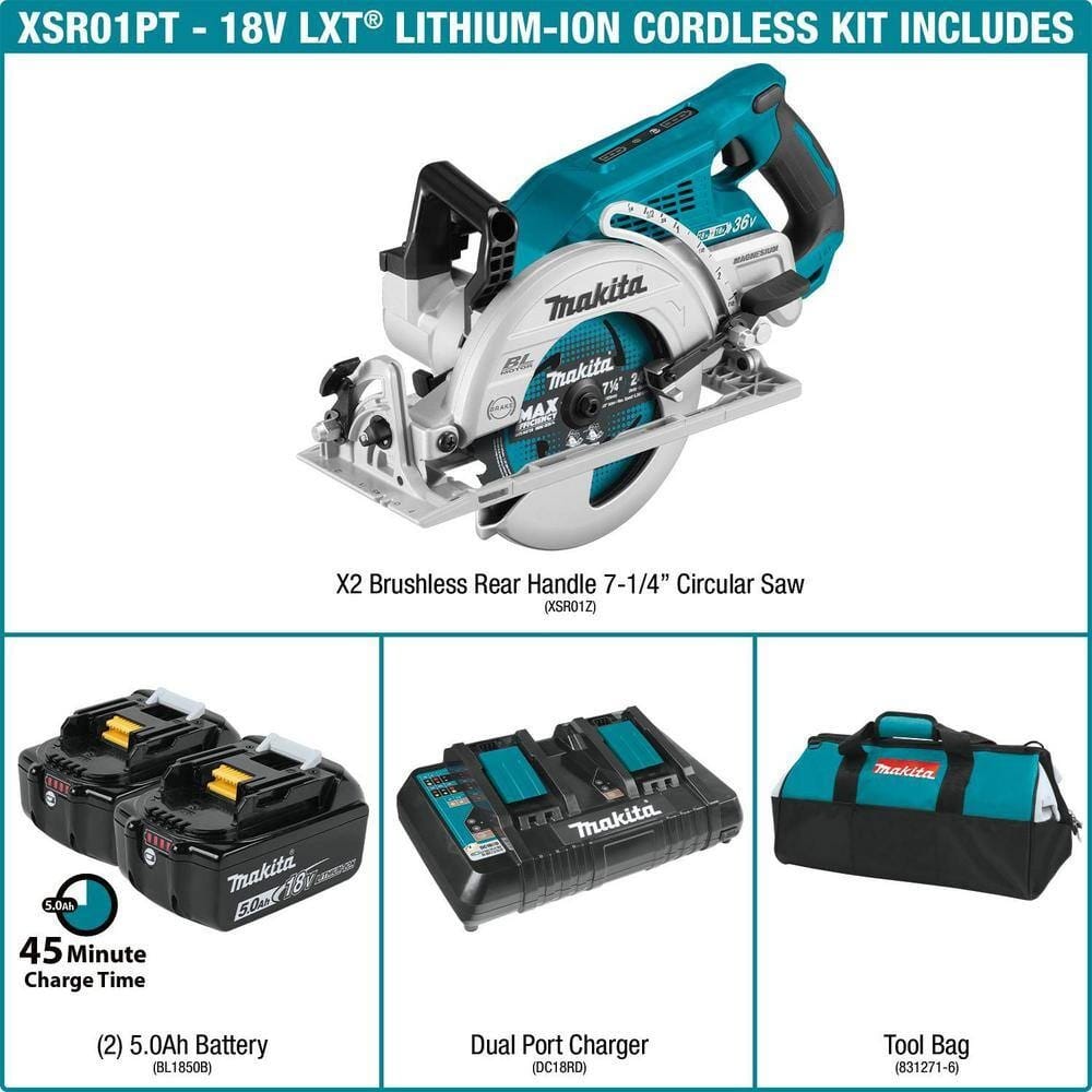 Product infographic for the Makita XSR01PT kit highlighting the 18V LXT brushless rear handle saw, two BL1850B 5.0Ah batteries with 45-minute charge time, a DC18RD dual port charger, and a heavy-duty tool bag.