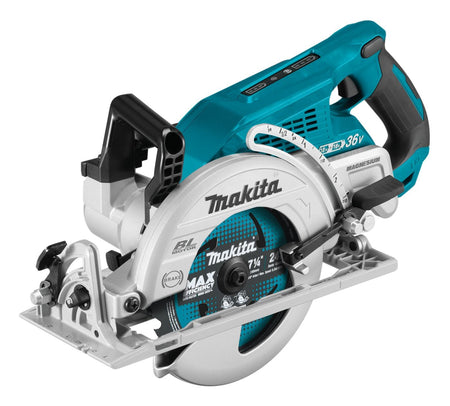 Perspective view of the Makita 36V brushless rear handle circular saw showing the blade-left design, die-cast magnesium base, and the 7-1/4 inch 24T ultra-coated framing blade.