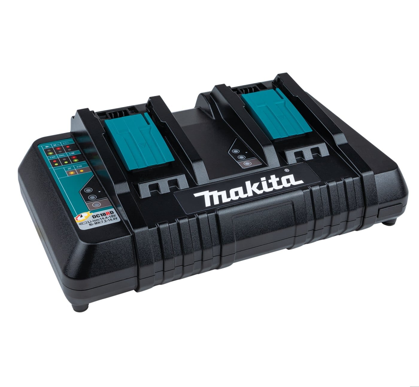 Detailed view of the Makita DC18RD 18V LXT Lithium-Ion dual port rapid charger capable of charging two batteries simultaneously with integrated LED status indicators.