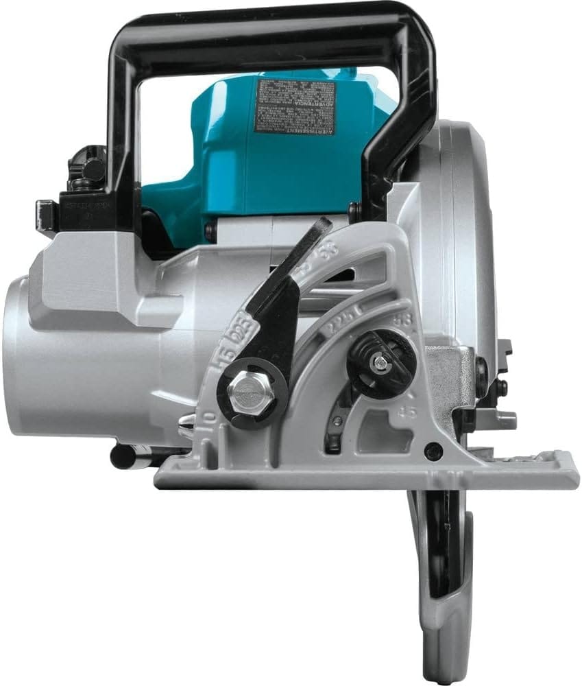 Front view of the Makita rear handle circular saw focusing on the bevel adjustment assembly with positive stops and the clear depth-of-cut markings on the magnesium guard.