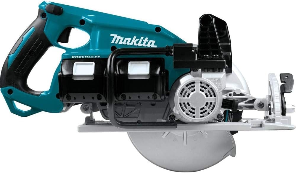 Left-side profile of the Makita 18V X2 brushless saw illustrating the rear handle ergonomics, the dual battery port housing, and the heavy-duty aluminum motor casing.