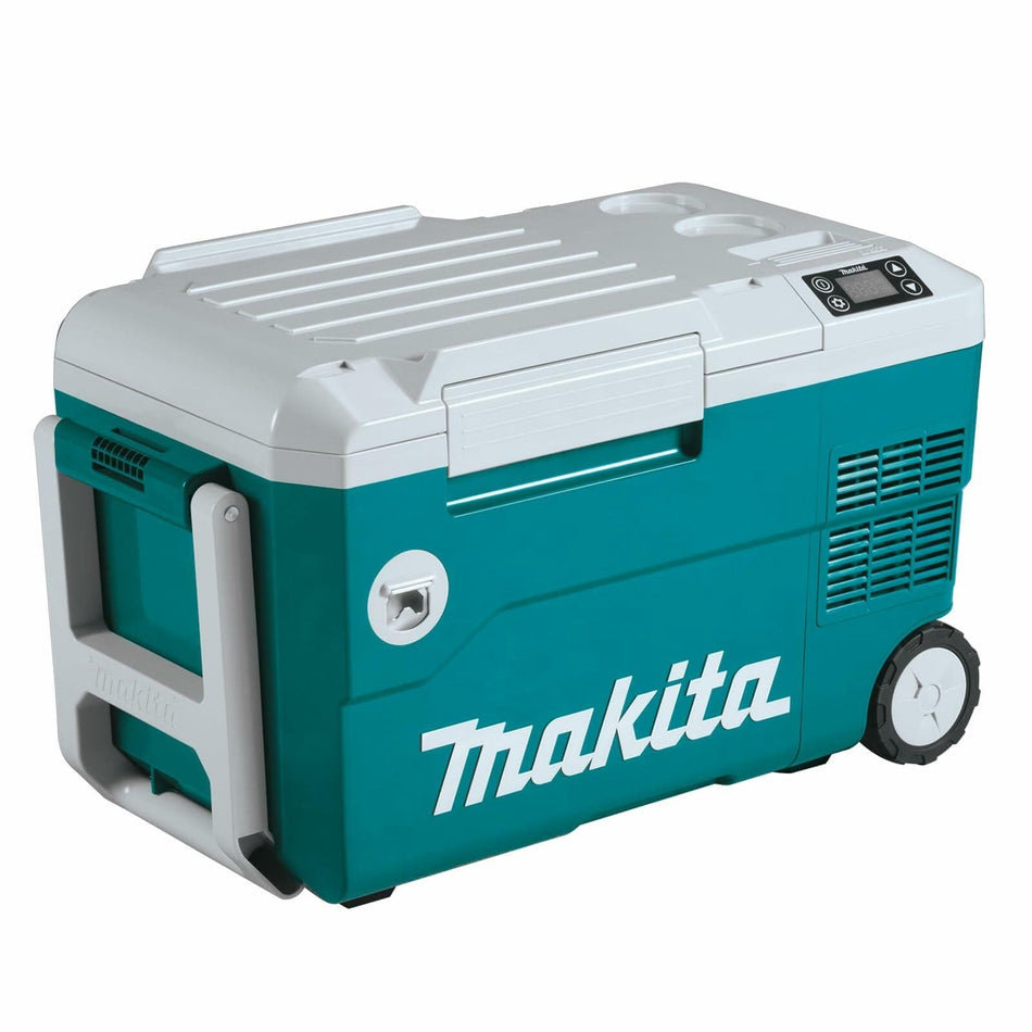 The Makita 20L Cooler/Warmer, in teal and gray, is shown closed and facing slightly right, displaying its sleek design, large wheels, and control panel.
