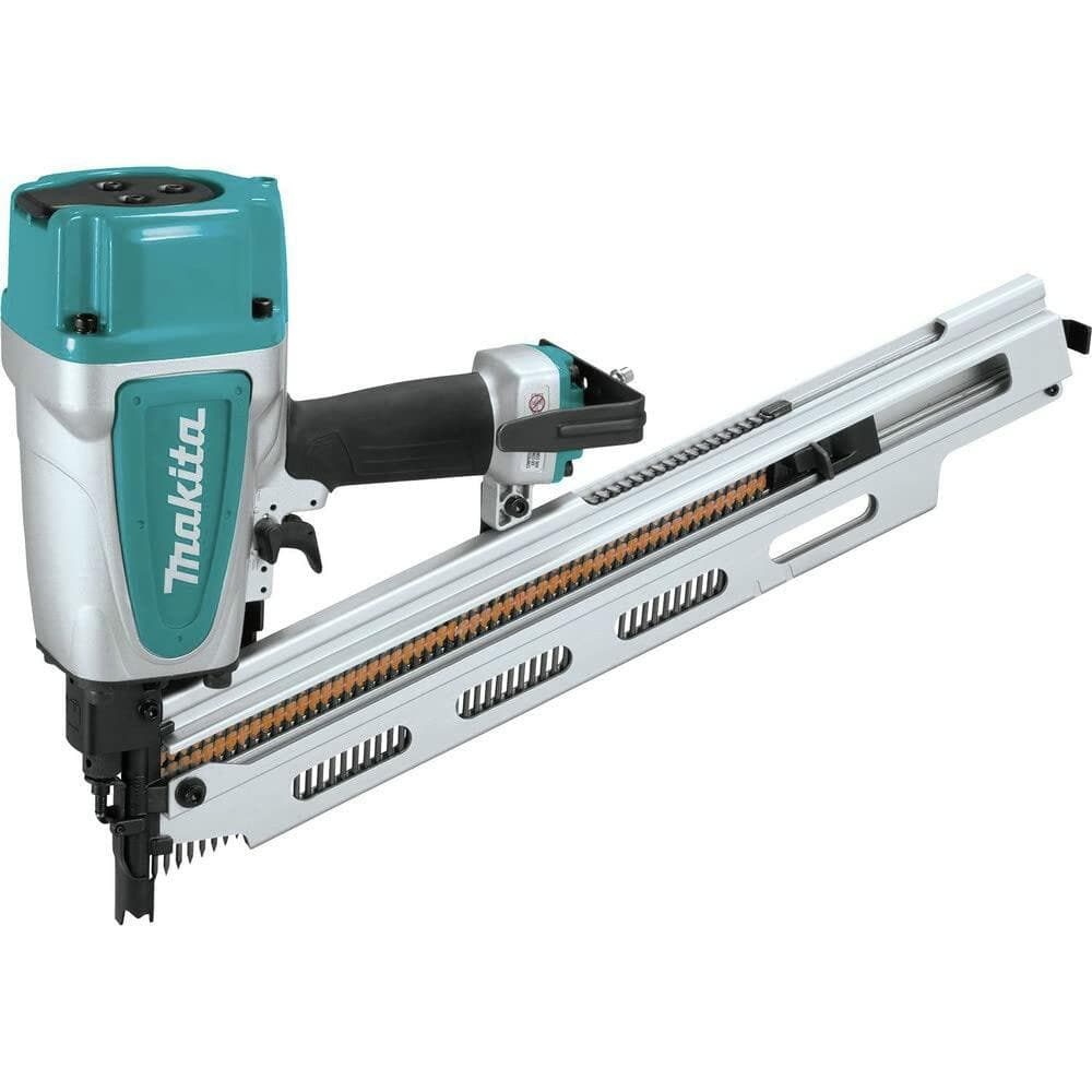 A full-length side view of the teal and silver Makita AN924 21-degree full round head pneumatic framing nailer.