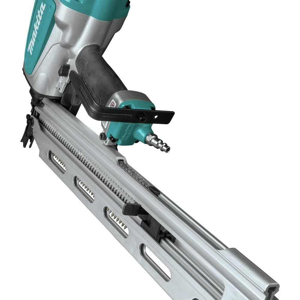 An angled view of the Makita AN924 framing nailer's magazine, showing the air fitting connection and the nail strip inside.