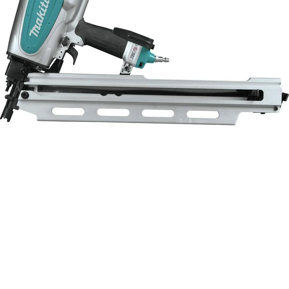 A side view of the Makita AN924 framing nailer, showing the long, angled magazine for 21-degree collated nails.